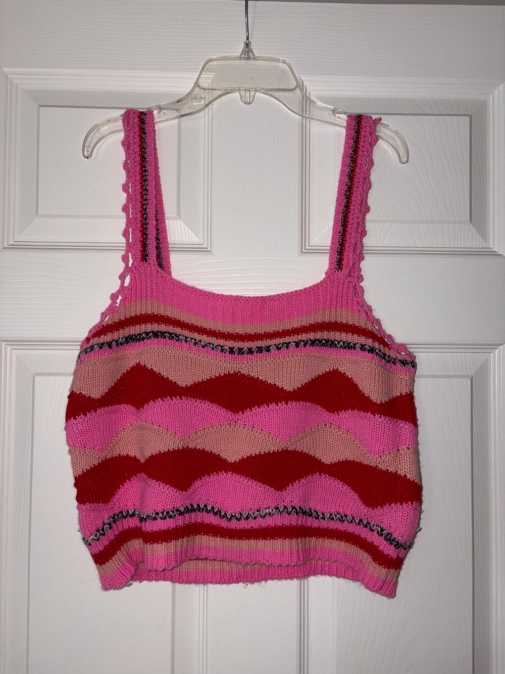 Pink Lily Pink & Red Patterned Crochet Crop Top